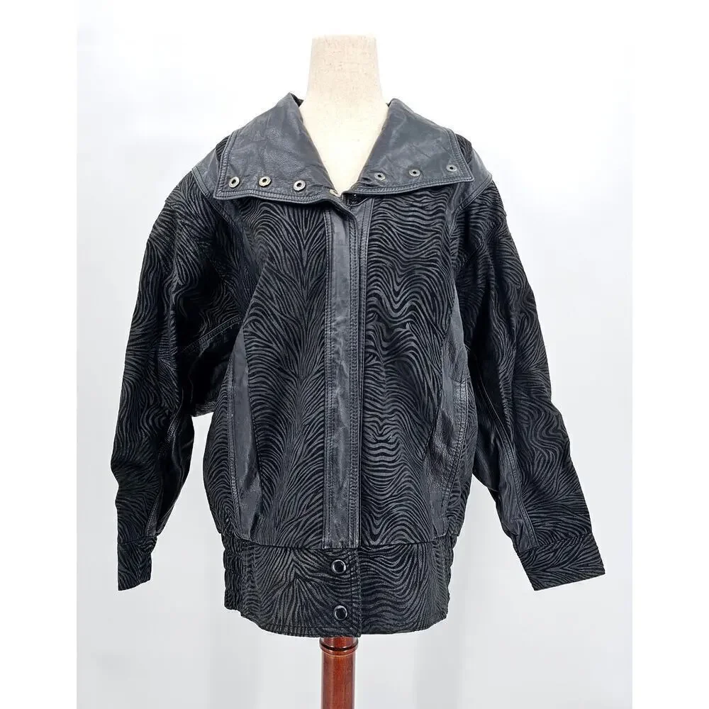 Vtg 80s Pelle Men's Small Leather & Suede Black Zip Moto Zebra Print Jacket